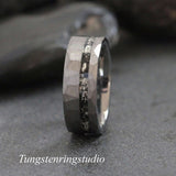 Silver Leaf Meteorite Hammered Silver Gray Tungsten Ring